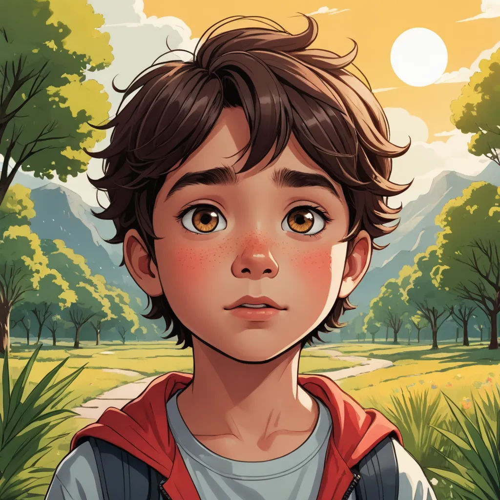 a boy with a red hoodie is looking at the camera with a yellow sky in the background and trees, photorealism, a character portrait, Aaron Jasinski, rossdraws global illumination