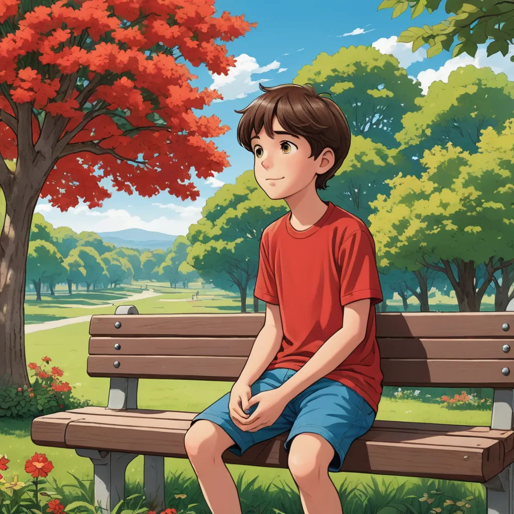a boy sitting on a bench in a park with a tree in the background and a red flower in the foreground, american scene painting, a storybook illustration, Diego Gisbert Llorens, official art