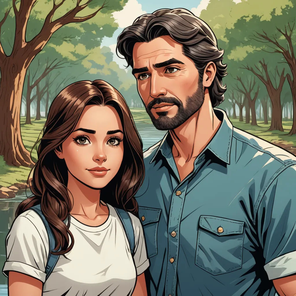 a man and a woman standing next to each other in a forest with trees and a river in the background, serial art, a comic book panel, Cliff Childs, graphic novel