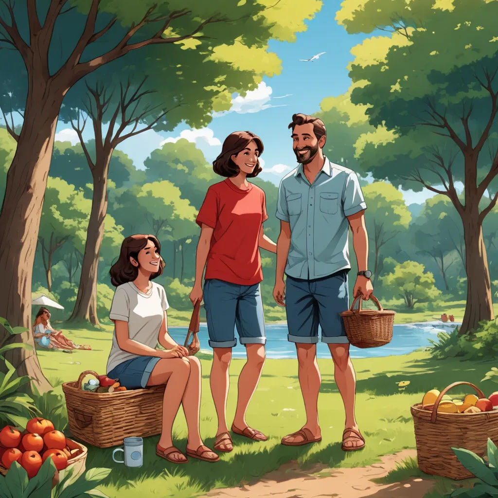 a man and woman standing in a park with a basket of fruit in front of them and a man holding a basket of fruit, american scene painting, a storybook illustration, Colin Middleton, official art