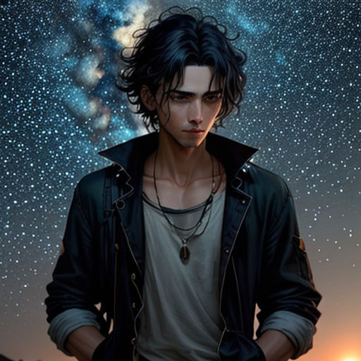 a man standing in front of a night sky with stars in the background and a sky full of stars