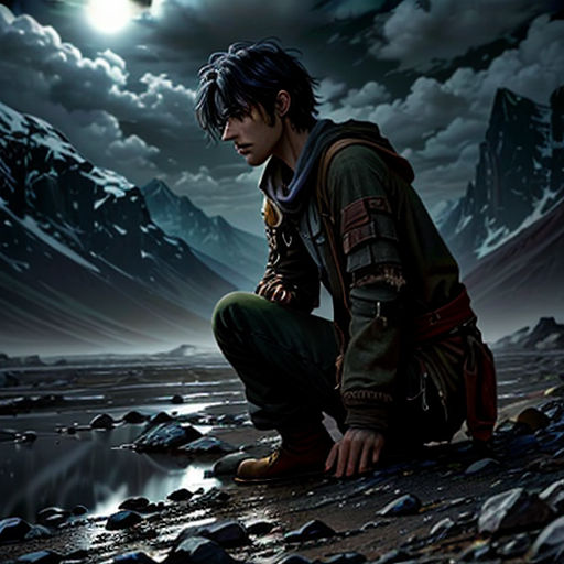 a man kneeling down on a rocky beach next to a mountain range at night with a full moon in the background
