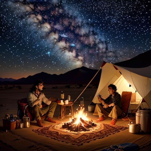 two people sitting around a campfire under a night sky filled with stars and the milky in the background