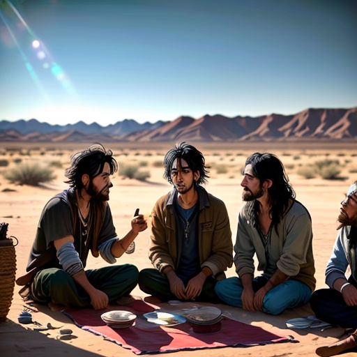 a group of men sitting on top of a desert floor next to each other eating food and talking to each other