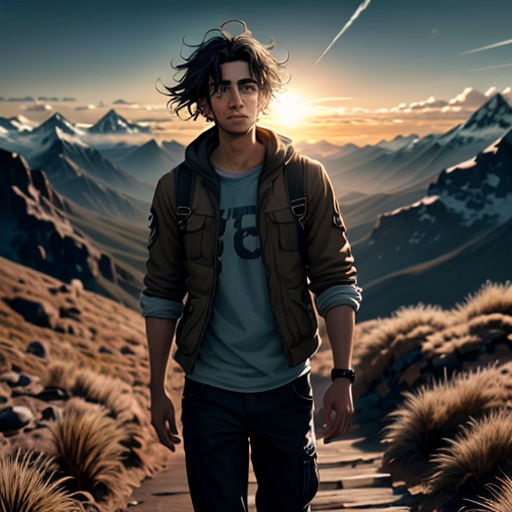 a man walking down a wooden path in the mountains at sunset with a mountain range in the background and a sun setting