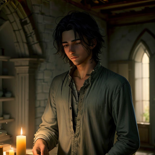 a man standing in front of a table with a candle in it and a clock on it's side