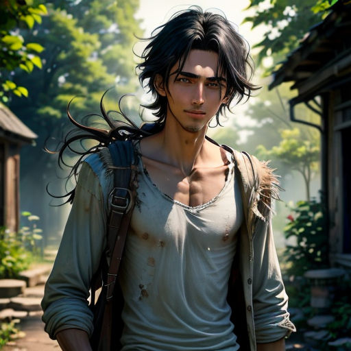 a man with a backpack and a backpack on his back walking through a forest with trees and bushes in the background