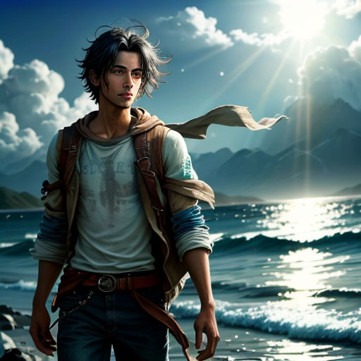 a man standing on top of a beach next to the ocean with a kite flying above him and a mountain range in the background