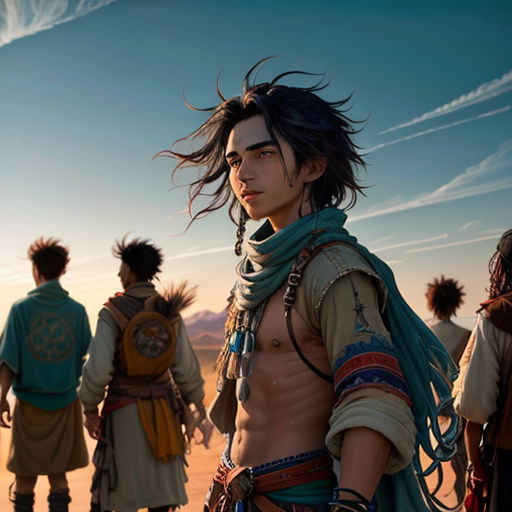 a man with long hair standing in front of other men in native clothing and wearing headdress and scarves
