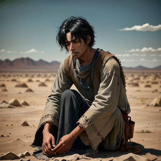 a man sitting on top of a sandy field next to a desert landscape with mountains in the background and a sky