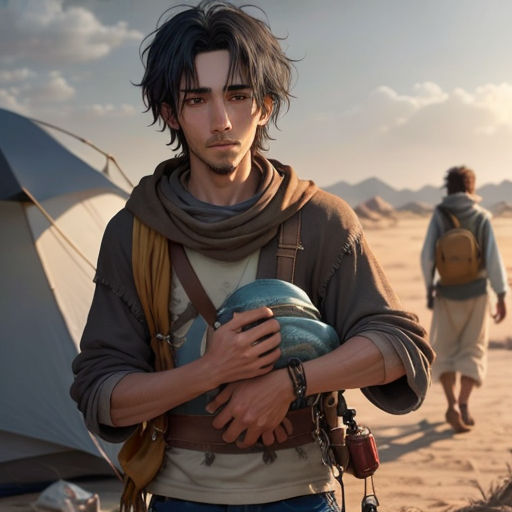 a man holding a ball in his hands while standing in the desert with a tent in the background and a man with a backpack on the other side