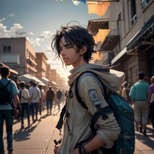 a man with a backpack on a city street with people walking around him and a few buildings in the background