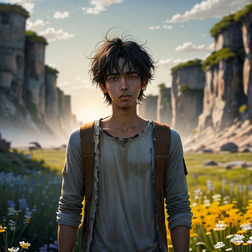 a man standing in a field of flowers with a sky background and a cliff in the distance with a sun shining