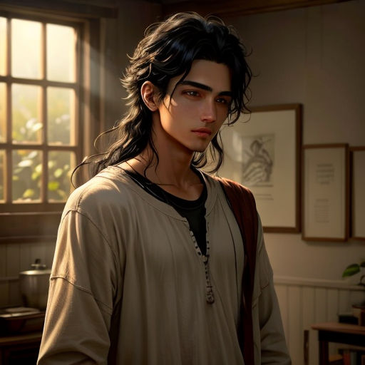 a man with long hair and a brown shirt standing in a room with windows and a plant in the corner