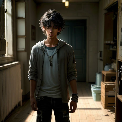a young man standing in a hallway with a light on his head and a door open to the other side