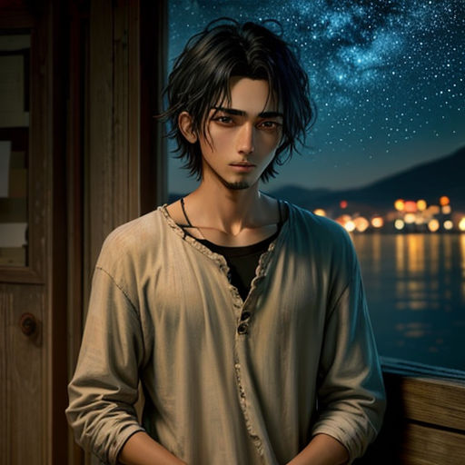 a man standing next to a window with a night sky in the background and stars in the sky above