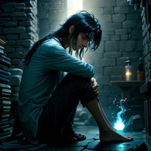 a woman sitting on the floor in a room with a fire in her hand and a glowing light coming from her feet