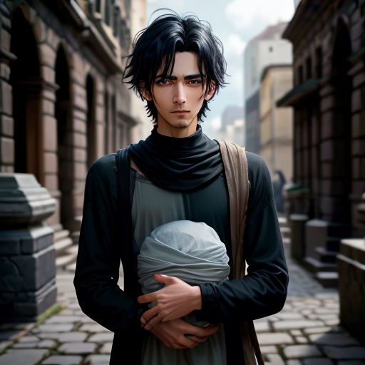 a man with a scarf around his neck holding a baby in a sling bag in a city street with buildings
