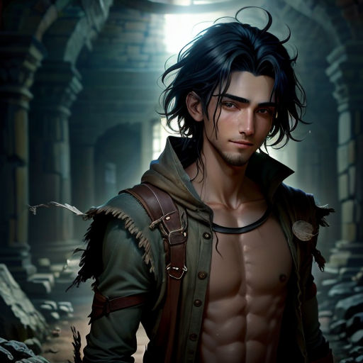 a man with a shirt on and a jacket on in a cave with a light shining through his eyes