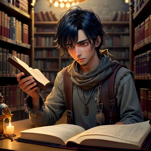 a man reading a book in a library with a lantern and a lantern light on the table next to him