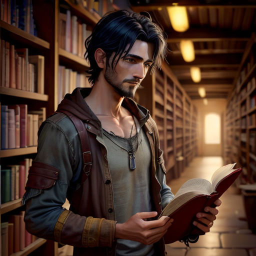 a man standing in a library holding a book and looking at it with a book in his hand and a book in his other hand