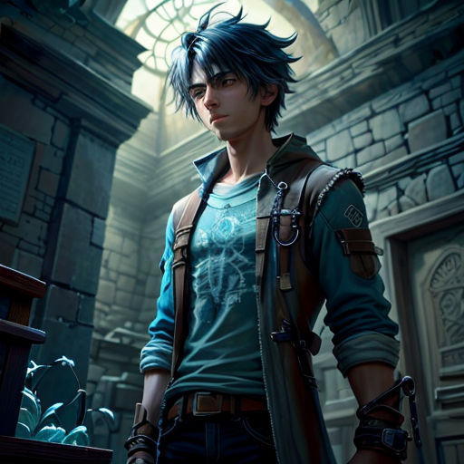 a man in a blue shirt and a green shirt standing in a room with a clock and a window