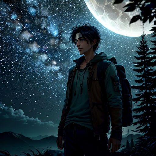 a man standing in front of a full moon with a backpack on his back and a tree in the background
