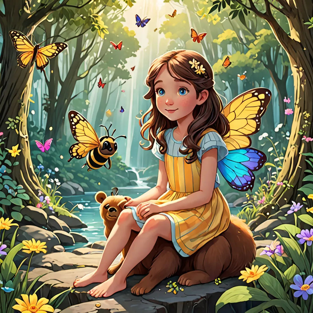 a girl sitting on a rock with a bear in the woods with butterflies flying around her and a stream running through the woods, fantasy art, a storybook illustration, Anne Stokes, official art