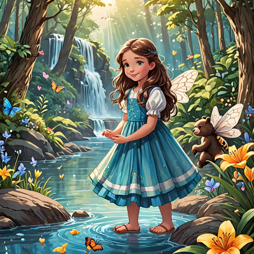 a girl in a blue dress standing in a stream of water with a bear and butterflies nearby in a forest, fantasy art, a storybook illustration, Anne Stokes, storybook illustration