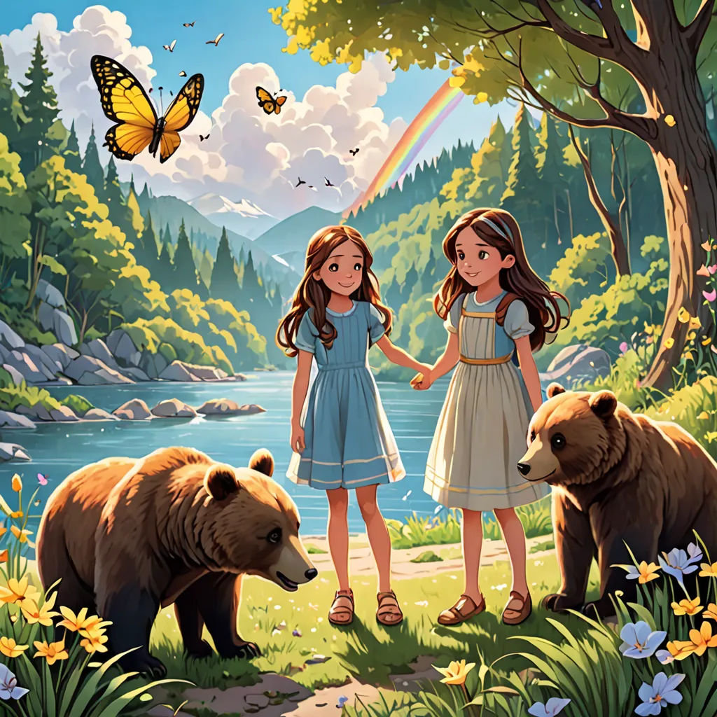 two girls standing in front of a bear and a lake with a butterfly flying above them and a butterfly flying above them, american scene painting, a storybook illustration, Brothers Hildebrandt, official art