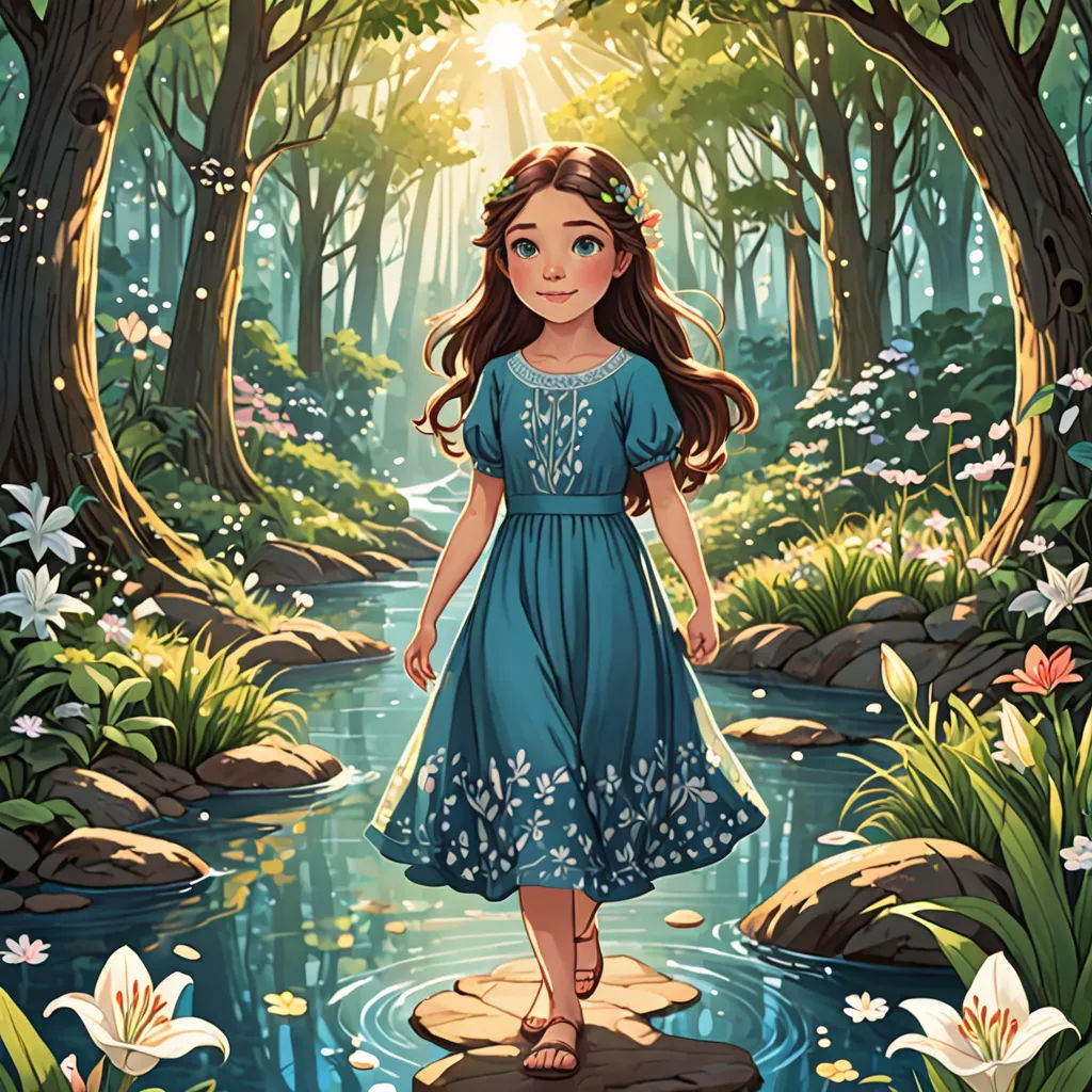 a girl in a blue dress standing on a rock in a forest with flowers and trees around her, with a stream running through the woods, fantasy art, a storybook illustration, Cliff Childs, storybook illustration