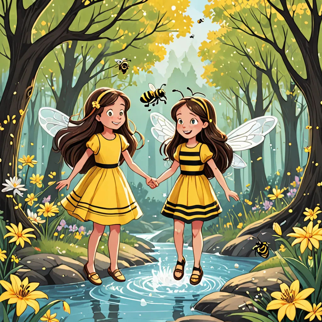 two girls in yellow dresses are holding hands and walking through a forest with a bee on her shoulder and a bee on her shoulder, fantasy art, a storybook illustration, Elinor Proby Adams, storybook illustration