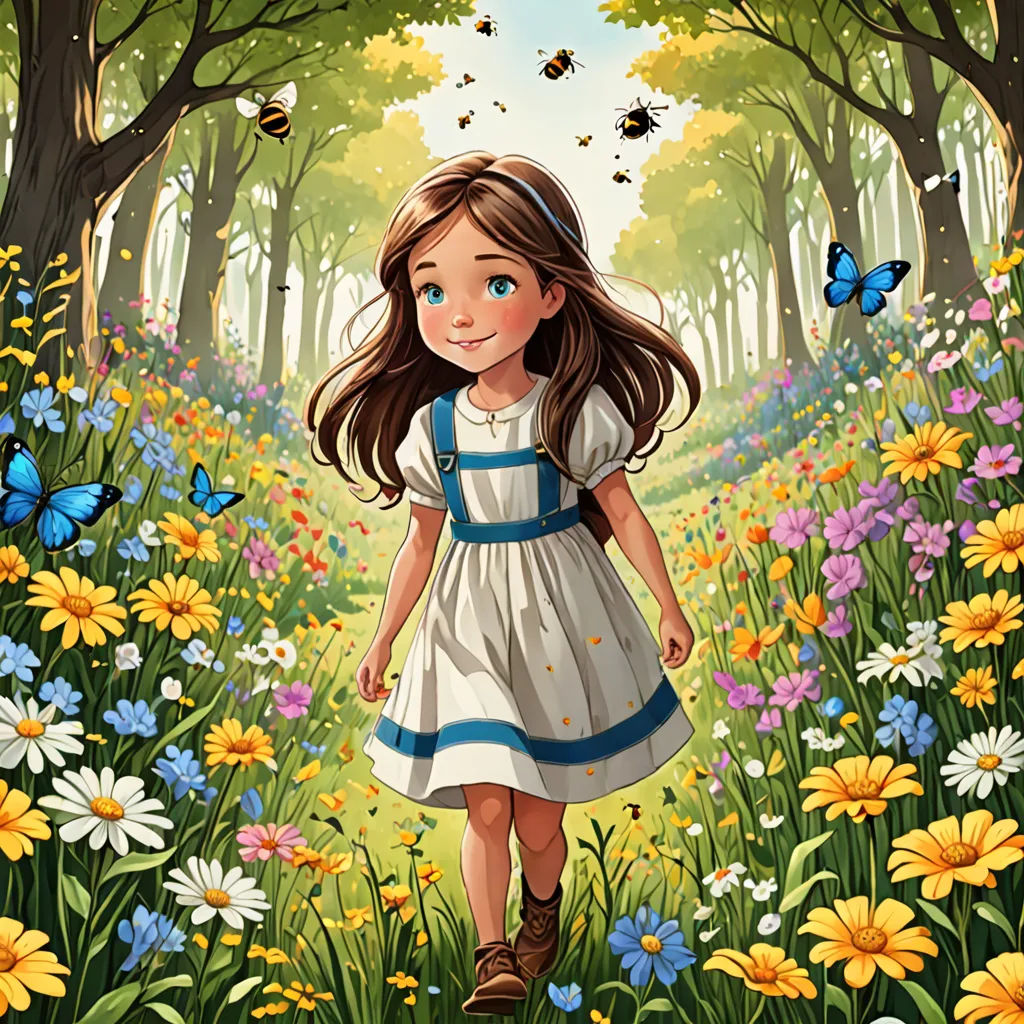 a girl in a field of flowers and butterflies with a blue butterfly flying above her head and a forest with yellow and white flowers, fantasy art, a storybook illustration, Alice Prin, trending on art station