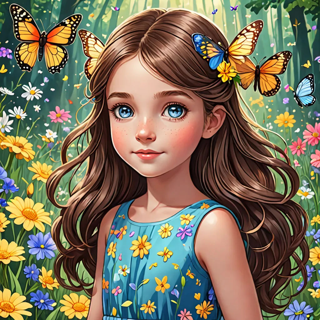 a girl with long hair and blue eyes standing in a field of flowers with butterflies on her head and a butterfly in her hair, fantasy art, a detailed painting, Alice Prin, highly detailed digital painting