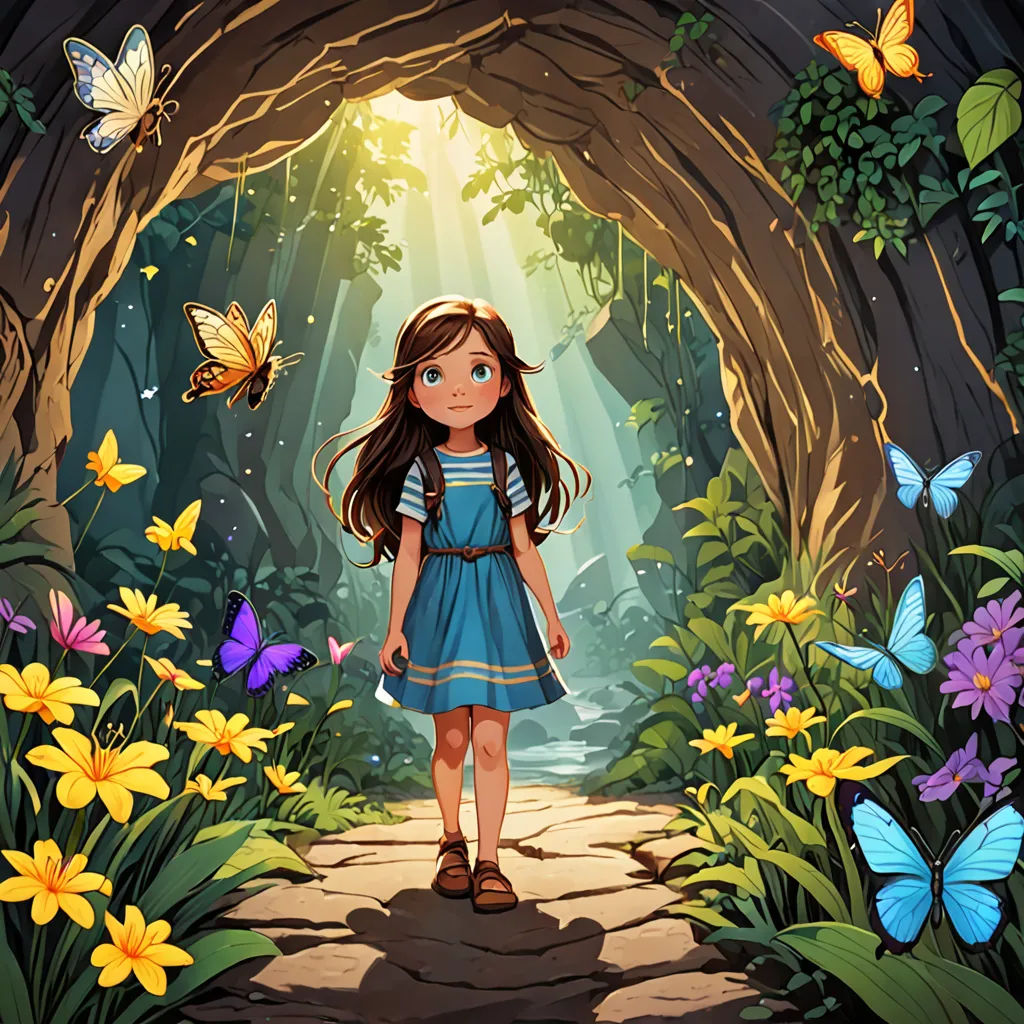 a girl in a blue dress is walking through a tunnel with butterflies around her and a butterfly on the ground, fantasy art, a storybook illustration, Alice Prin, storybook illustration