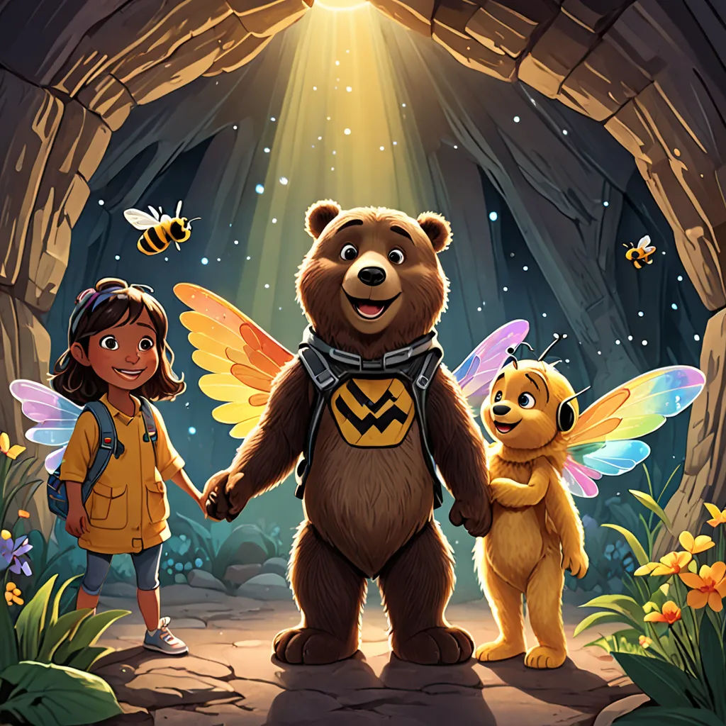 a cartoon bear and two little girls standing in front of a cave with bees and a bee on it, furry art, a storybook illustration, Cliff Childs, promotional image