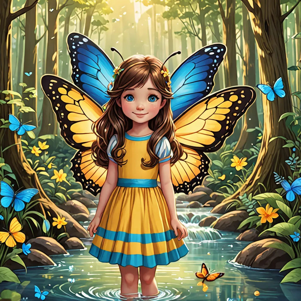 a girl in a yellow dress with a butterfly wings on her head standing in a stream of water surrounded by butterflies, fantasy art, a storybook illustration, Anne Stokes, storybook illustration