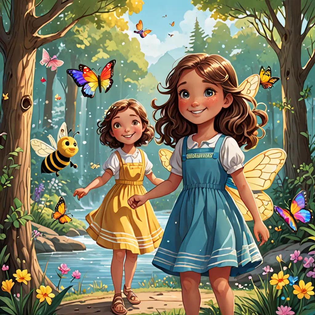 two little girls are walking in the woods with bees and butterflies around them, one girl is holding the hand of the other girl, fantasy art, a storybook illustration, Chris Rallis, storybook illustration