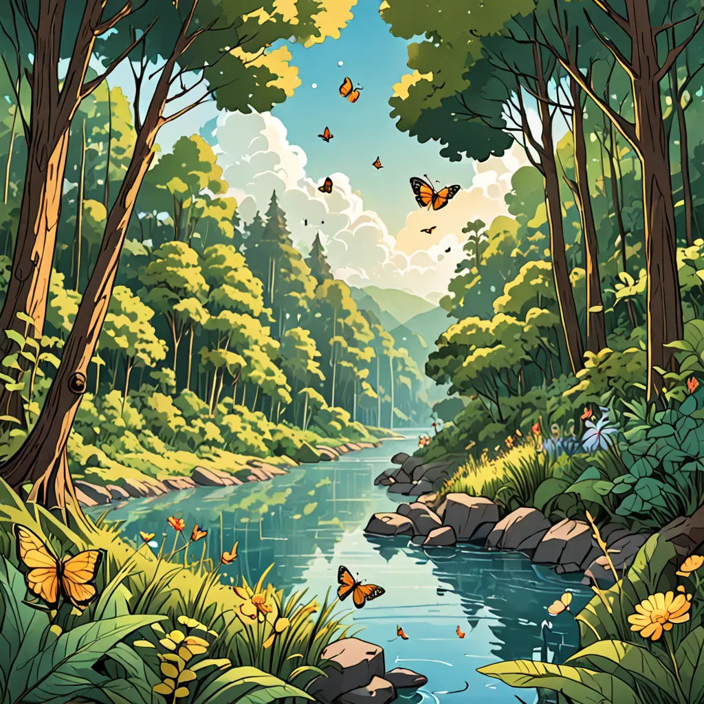a painting of a river surrounded by trees and butterflies in the sky above it is a forest with rocks and grass, environmental art, a storybook illustration, Dan Mumford, josan gonzales and dan mumford