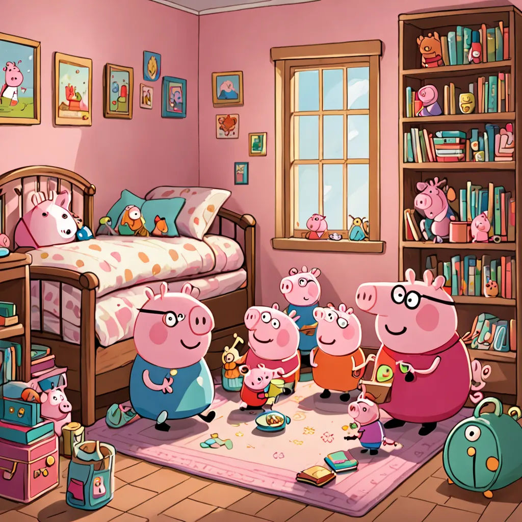 a cartoon of peppa pig family in a bedroom with a bed and bookshelf in the background, figurativism, a storybook illustration, Diego Gisbert Llorens, promotional image