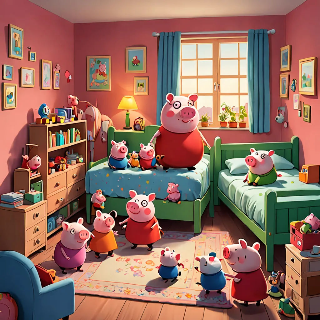a room with peppa pig toys and a bed in it and a window with blue curtains and a pink wall, furry art, a storybook illustration, Chris LaBrooy, official art
