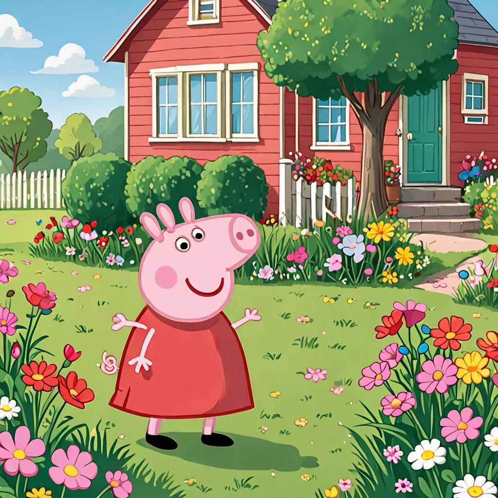 a cartoon pig in a red dress standing in a garden with flowers and a house in the background with a green door, color field, a character portrait, Beatrix Potter, promotional image