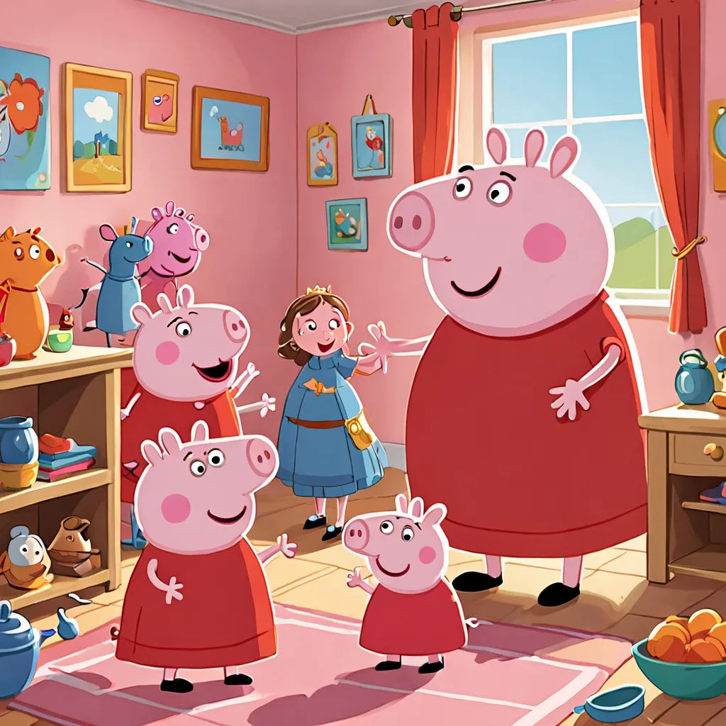 a family of peppo pig standing in a room with a pink wall and pink curtains and a pink rug, figurativism, a storybook illustration, Beatrix Potter, promotional image