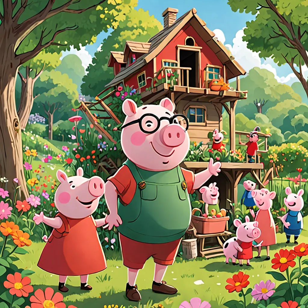 a pig and two little pigs in a garden with a house in the background and a tree with flowers, primitivism, a storybook illustration, David Young Cameron, official art