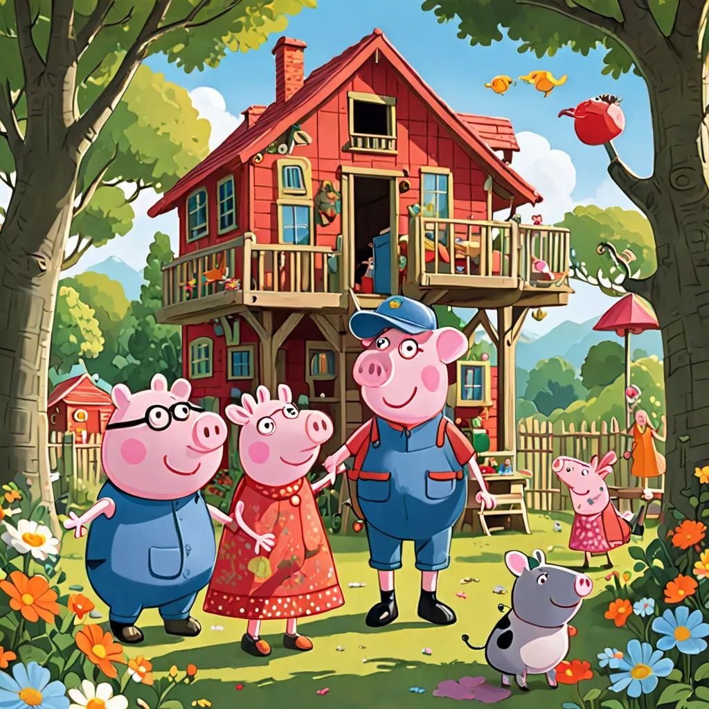 a group of peppa pig standing in front of a house with a pig on the lawn and a pig on the ground, sots art, a storybook illustration, Avgust Černigoj, official art