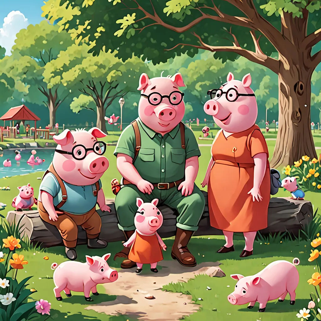 a man and two women are sitting on a log with pigs in a park with a pond and a few ducks, fantastic realism, a storybook illustration, Diego Gisbert Llorens, official art