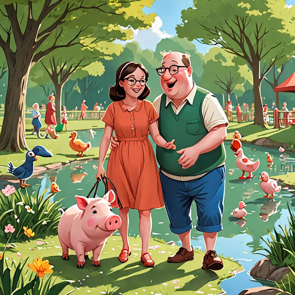 a man and woman standing next to a pig in a park with ducks and ducks in the water and people in the background, american scene painting, a storybook illustration, David Park, storybook illustration