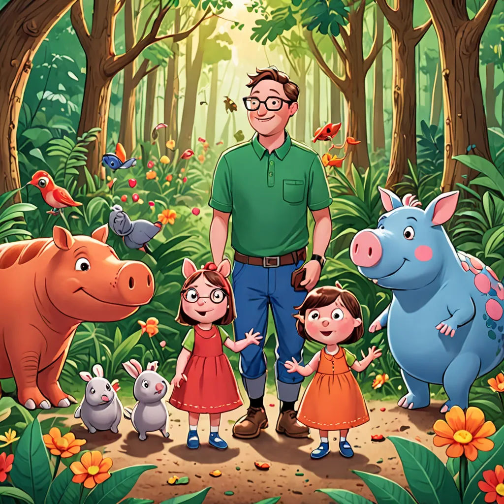 a man standing in front of a group of animals in a forest with a woman and two children standing next to them, private press, a storybook illustration, Adam Rex, promotional image