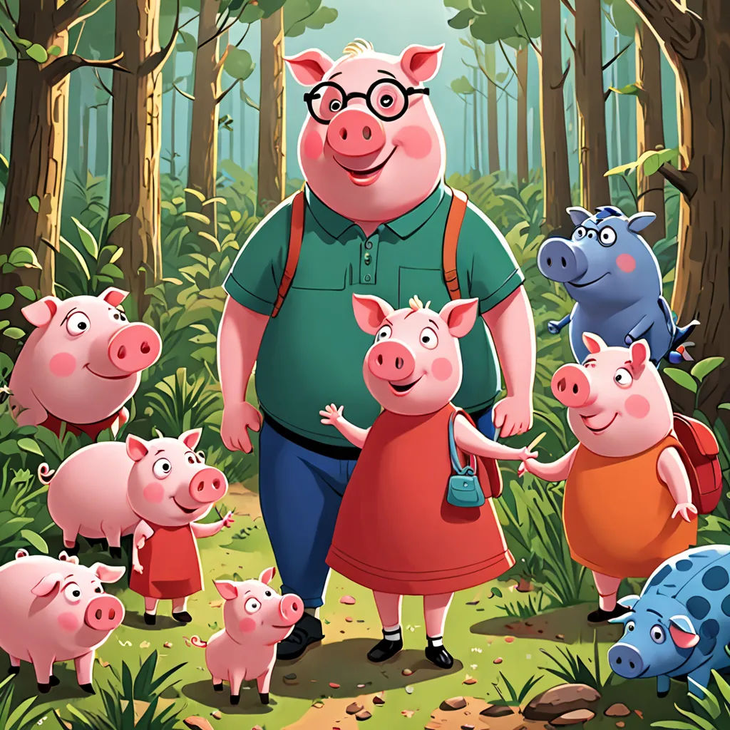 a man and a woman with piggies in the woods by a forest background with trees and bushes, and a group of pigs, primitivism, a storybook illustration, Diego Gisbert Llorens, storybook illustration