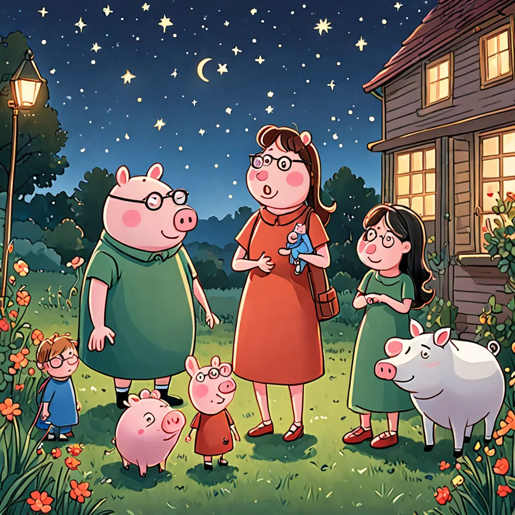 a family of pigs standing in a yard at night with a house in the background and stars in the sky, sots art, a storybook illustration, Chris Ware, storybook illustration